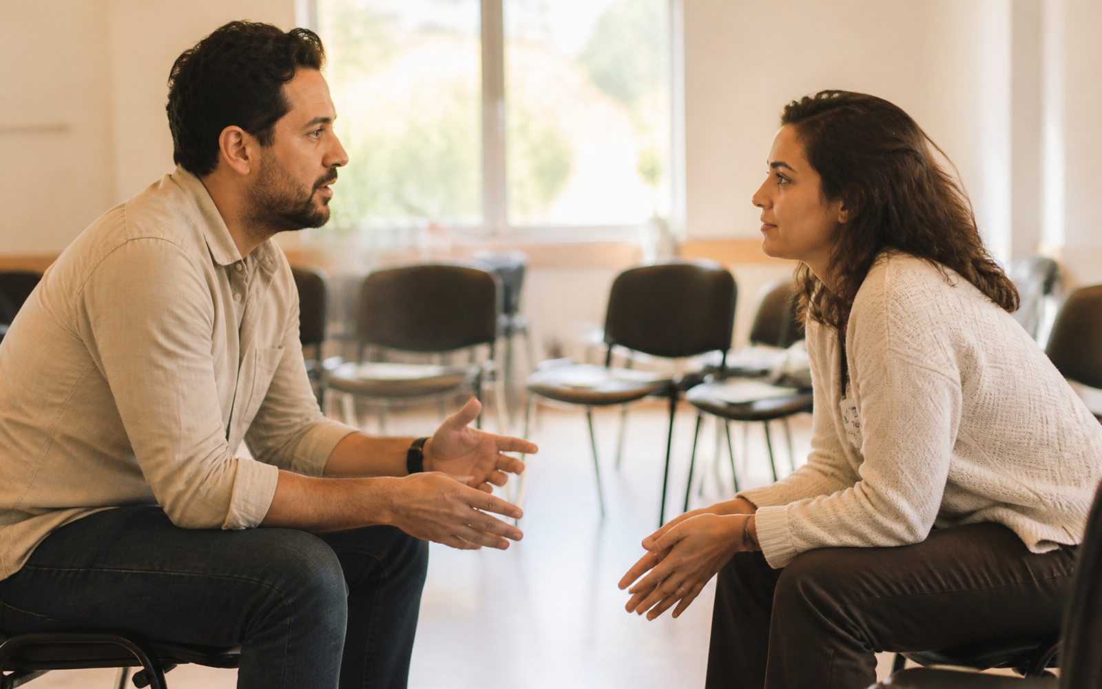 Duas participantes conversando frente a frente durante uma prática de escuta empática