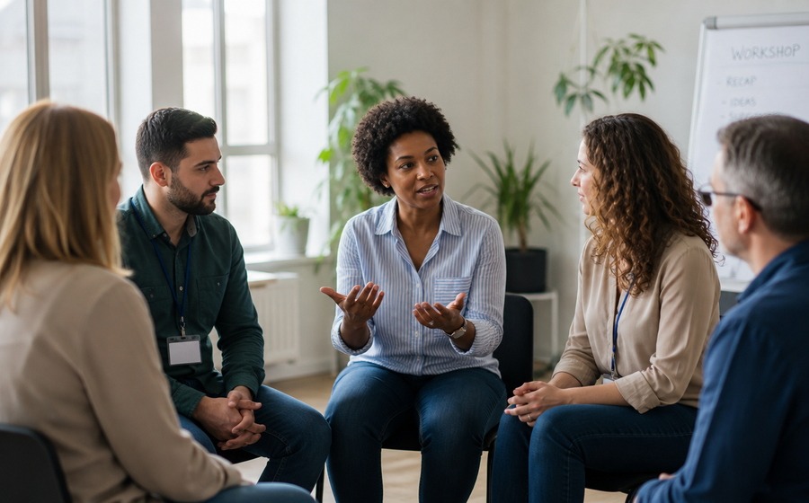 Pequeno grupo em discussão sentado em círculo durante o workshop